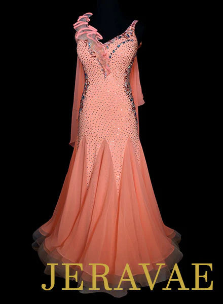 Peach colored smooth ballroom dancing dress with crystal embellishment