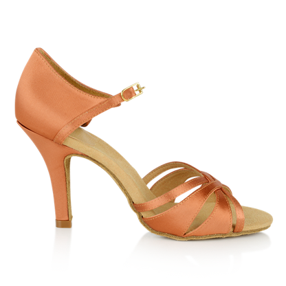 Ray Rose 884-X Aura Dark Tan Satin Ladies Latin Shoe with Partially Closed Front Straps