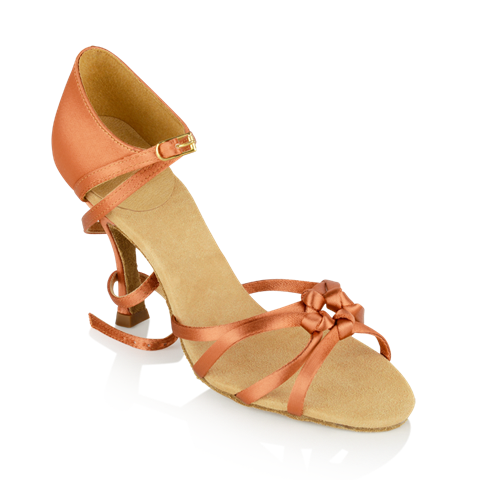 Ray Rose 820-X Blizzard Dark Tan Satin Ladies Latin Dance Shoes with "Self Adjust" Front Straps
