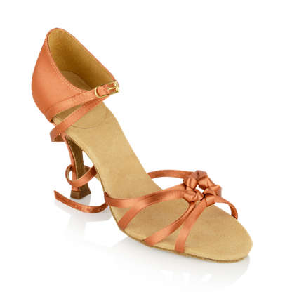 Ray Rose 820-X Blizzard Dark Tan Satin Ladies Latin Dance Shoes with "Self Adjust" Front Straps