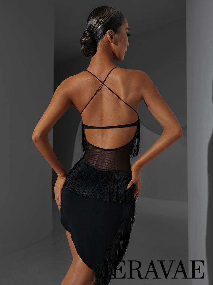 ZYM Dance Style Black Latin Practice Dress with Layered Fringe, Asymmetrical Hem, and Open Back PRA 1028 in Stock