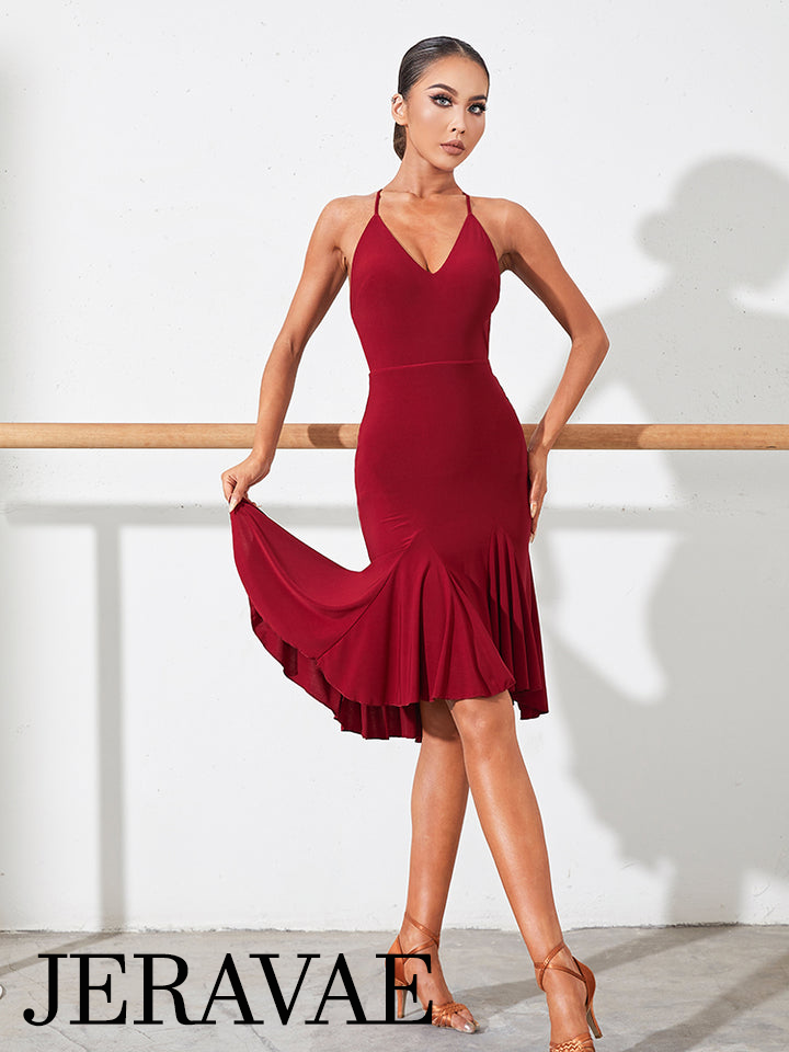 ZYM Dance Style Wine Red Latin Practice Dress with V-Neckline and Cross Straps on Open Back PRA 1026 in Stock