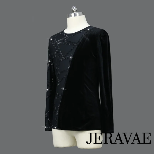Men's Black Tuck Out Latin Shirt with Velvet Detail, Rhinestone Design, and Long Sleeves M096_Sale