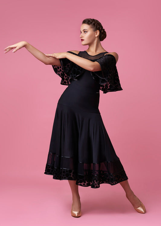 Grand Prix Black Ballroom Practice Skirt with Layers of Chiffon and Velvet Polka Dots for Girls and Women PRA 1040 in Stock