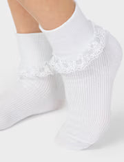 White Ankle Socks for Girls with Layered Lace Ruffle