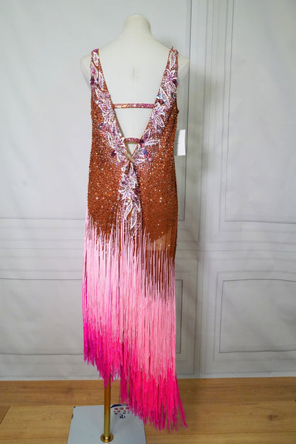 Resale Artistry in Motion Sleeveless Nude Latin Dress with Asymmetrical Pink Fringe Skirt and White Lace Appliqué Sz 2XL Lat236