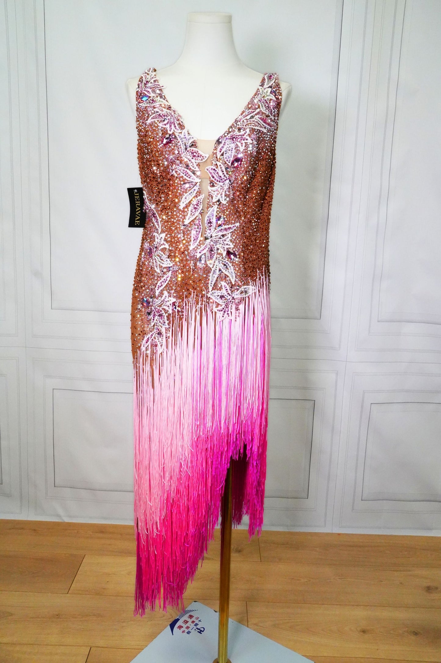 Resale Artistry in Motion Sleeveless Nude Latin Dress with Asymmetrical Pink Fringe Skirt and White Lace Appliqué Sz 2XL Lat236