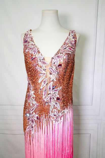 Resale Artistry in Motion Sleeveless Nude Latin Dress with Asymmetrical Pink Fringe Skirt and White Lace Appliqué Sz 2XL Lat236