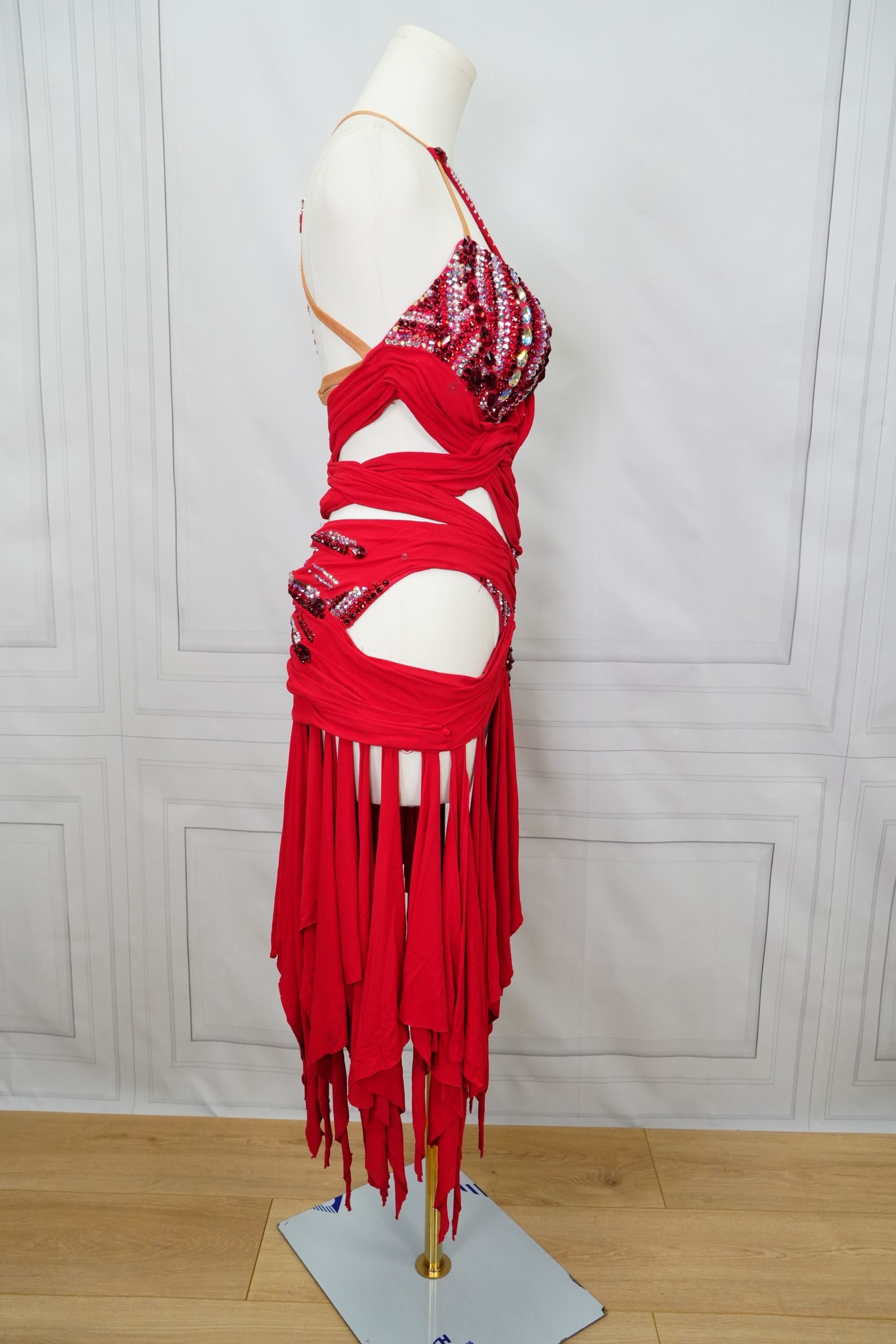 Strappy and Sexy Fiery Red Sleeveless Latin Dress with Stones and