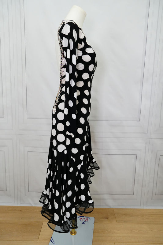 Black and White Polka Dot Latin Dress with One Long Sleeve, Swarovski Stones, Asymmetrical Neckline, Slit in Skirt, and Circle Design on Side Sz S Lat201
