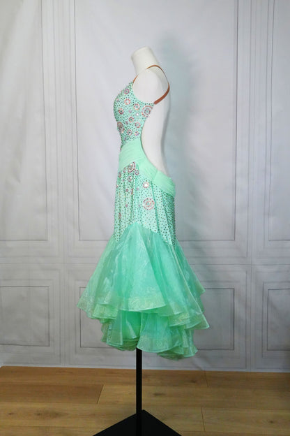Bright Light Green Latin Dress with Full Skirt and Swarovski Stones LAT036 sz Large