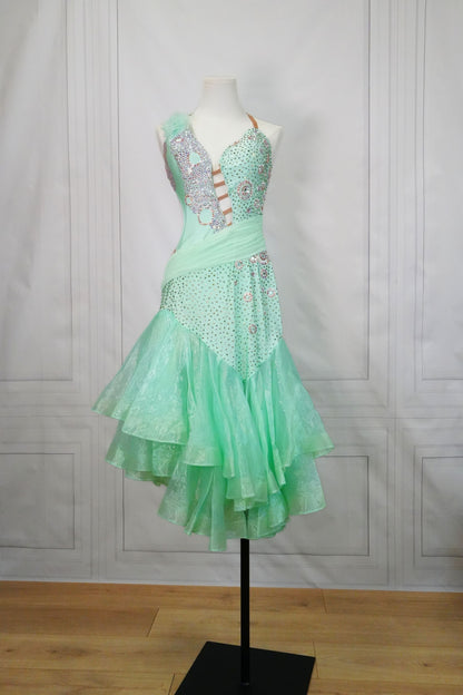 Bright Light Green Latin Dress with Full Skirt and Swarovski Stones LAT036 sz Large