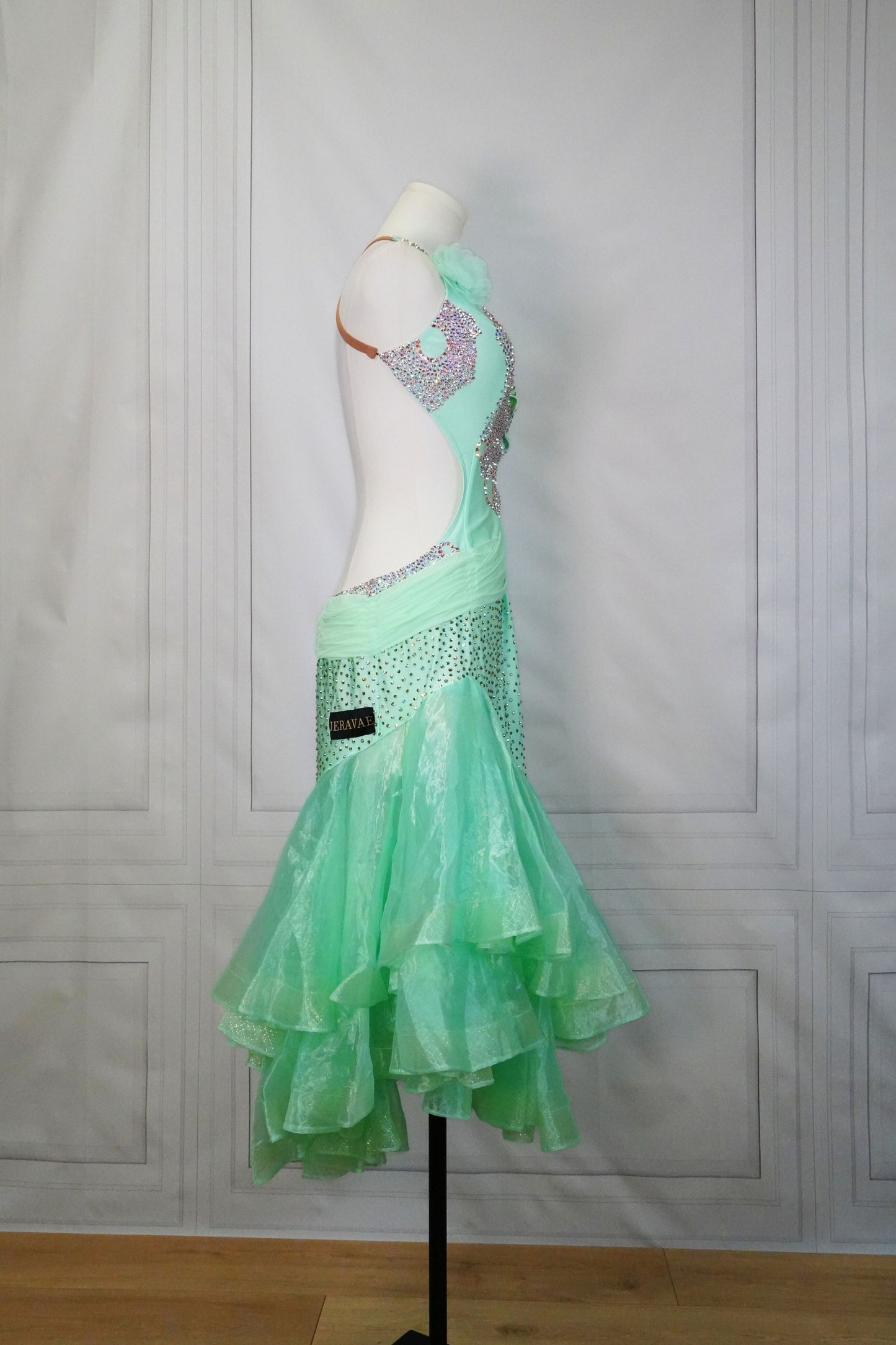 Bright Light Green Latin Dress with Full Skirt and Swarovski Stones LAT036 sz Large