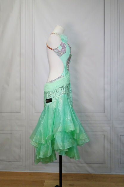 Bright Light Green Latin Dress with Full Skirt and Swarovski Stones LAT036 sz Large