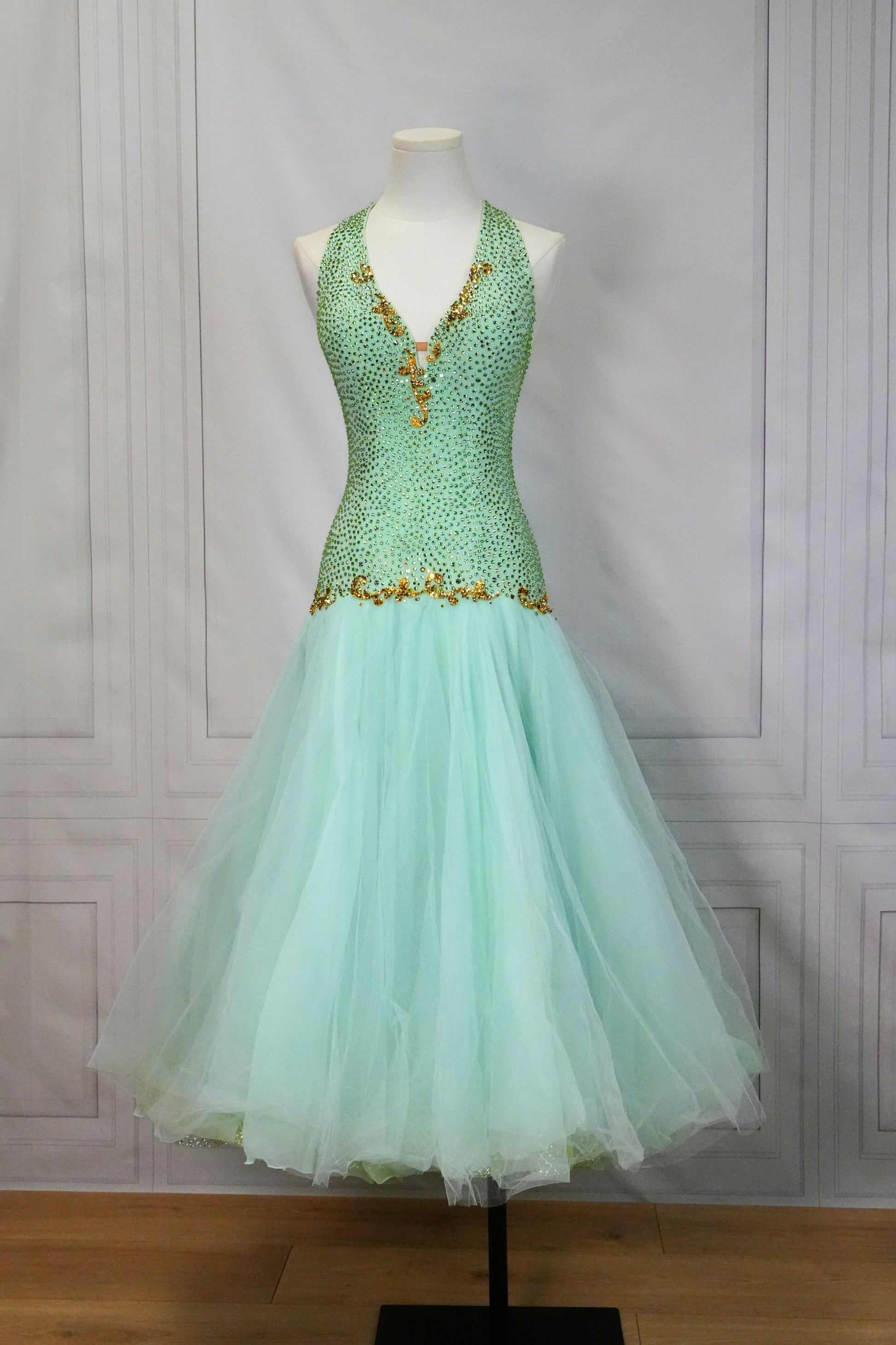 Standard Ballroom Dress Mint Green, Gold Accents, Swarovski Jeravae Standard Ballroom Dress Mint Green, Gold Accents, Swarovski Jeravae