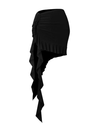 ZYM Dance Style Ruffled Black Latin Practice Skirt with Asymmetrical Hem PRA 1027 in Stock