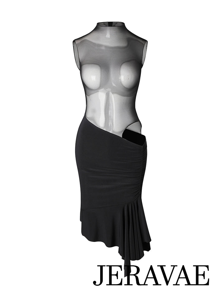 ZYM Dance Style Black Latin Practice Dress with Transparent Mesh Top and Cut Out Side Detail PRA 1025 in Stock