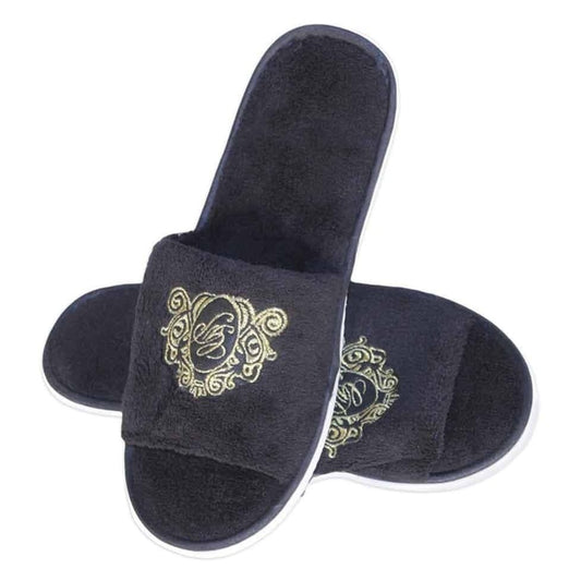 Grand Prix Soft Black Terrycloth Open Toe Slippers with Gold Embroidery