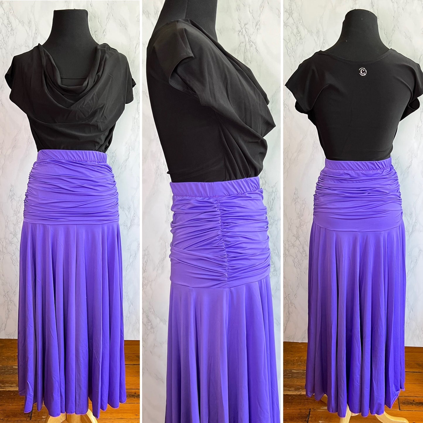 Long Black or Purple Ballroom Practice Skirt with Thick Gathered Waistband Sizes M-3XL PRA 281 in Stock