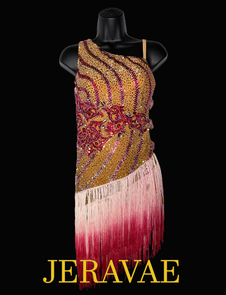 Resale Artistry in Motion Sleeveless Latin Dress with One Open Side with Straps, Swarovski Stones, and Pink Ombré Fringe Skirt Sz S Lat217