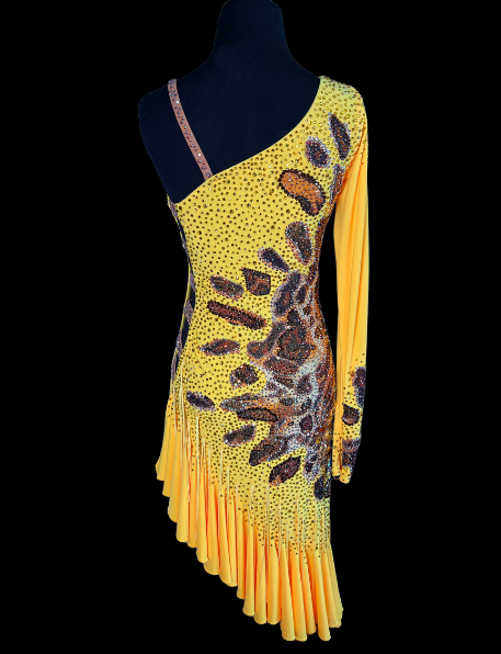 Resale Artistry in Motion Saffron Yellow Latin Dress with Cheetah Print Patches and One Long Sleeve Sz S Lat222
