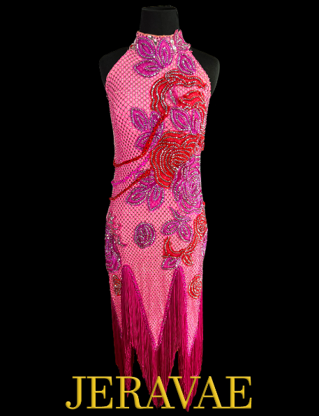 Resale Artistry in Motion Sleeveless Pink Latin Dress with Fuchsia Net and Fringe Skirt Sz M Lat224