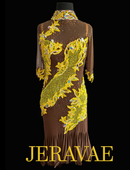 Resale Artistry in Motion Brown Latin Dress with Yellow Lace Appliqué, High Collar, and Half Sleeves Sz L Lat228