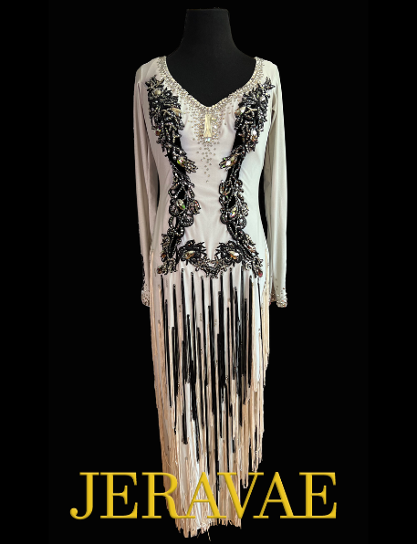 Resale Artistry in Motion Long Sleeve Silver Latin Dress with Black Lace Appliqué, Fringe, and Asymmetrical Skirt Sz L Lat232