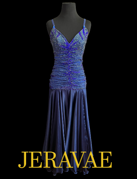 Sleeveless Navy Blue Smooth Ballroom Dress with Ruching, Heavily Stoned Bodice, and Satin Skirt Sz S Smo152