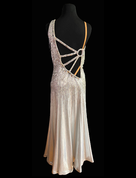 Resale Artistry in Motion Silver Shimmer Smooth Ballroom Dress with Beaded Tassels, High Slit, and Crystal AB Rhinestones Sz S/M Smo158