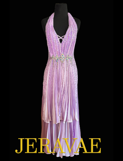 Resale Artistry in Motion Lilac Halter Neck Ballroom Dress with Pleated Skirt and Grecian Style Front Sash Sz M Smo160