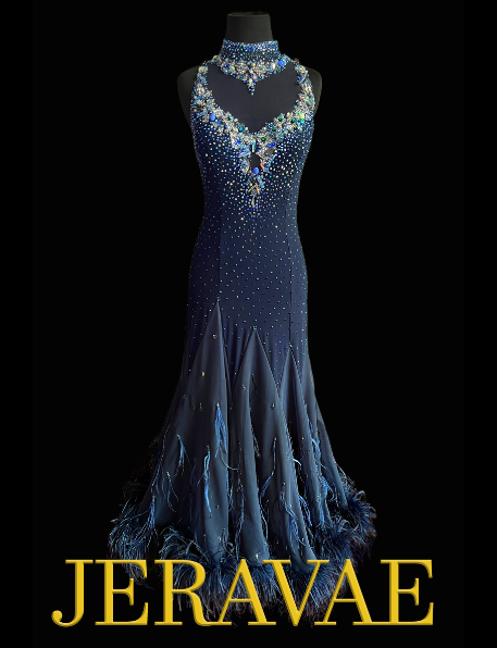 Resale Midnight Blue Ballroom Dress with High Collar, Feather Boa on Hem, and Cross Straps on Back Sz M Smo161
