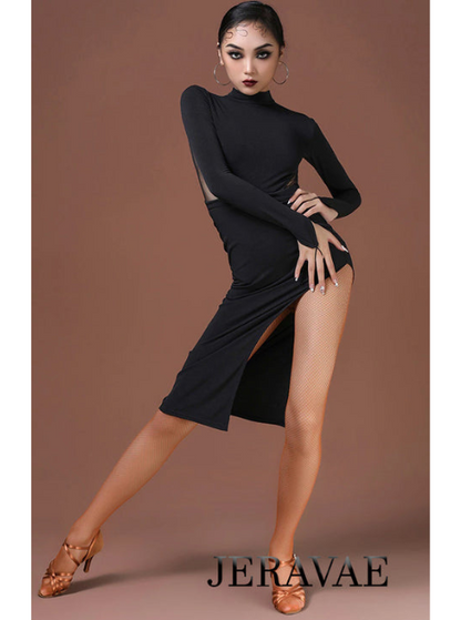 Long sleeved black latin dress with mesh cutouts and side slit