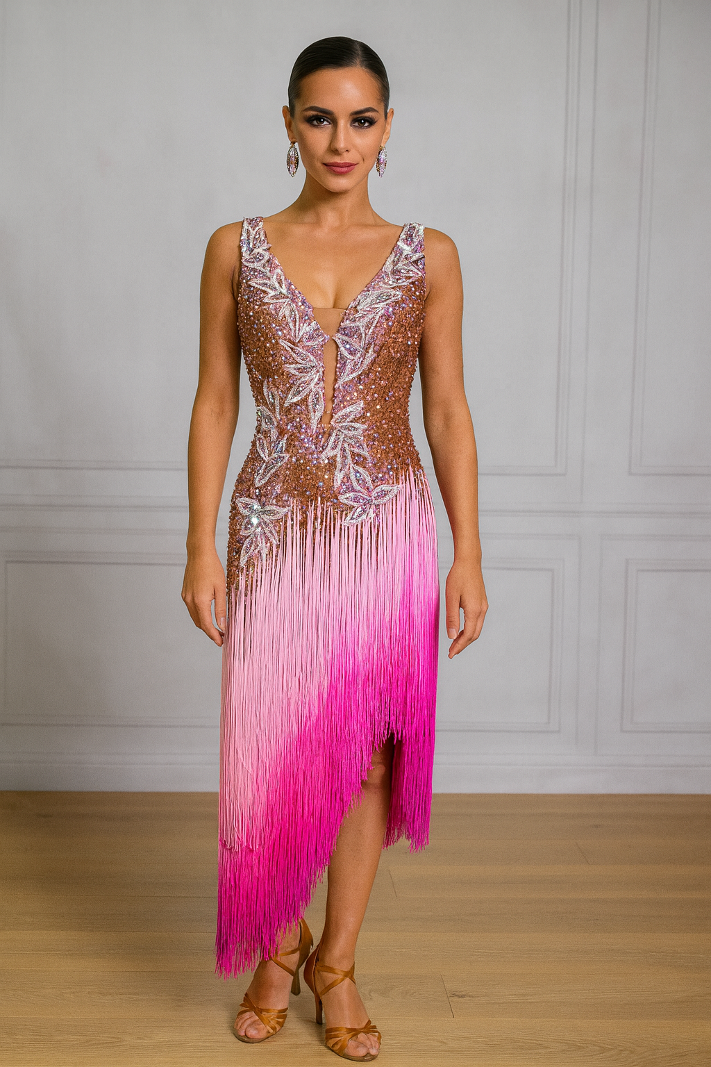 Resale Artistry in Motion Sleeveless Nude Latin Dress with Asymmetrical Pink Fringe Skirt and White Lace Appliqué Sz 2XL Lat236