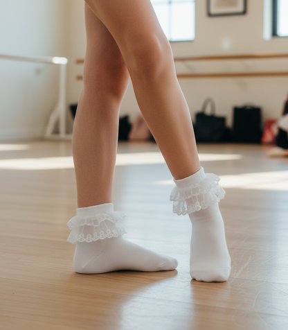 White Ankle Socks for Girls with Layered Lace Ruffle