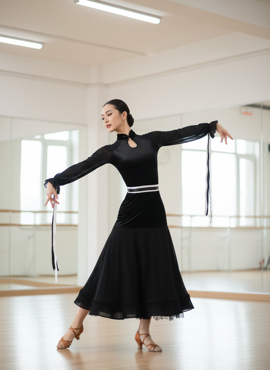 Darling Standard Ballroom Practice Dress with Ribbon Floats, White Ribbon Belt, and Lace Back PRA 773_SALE