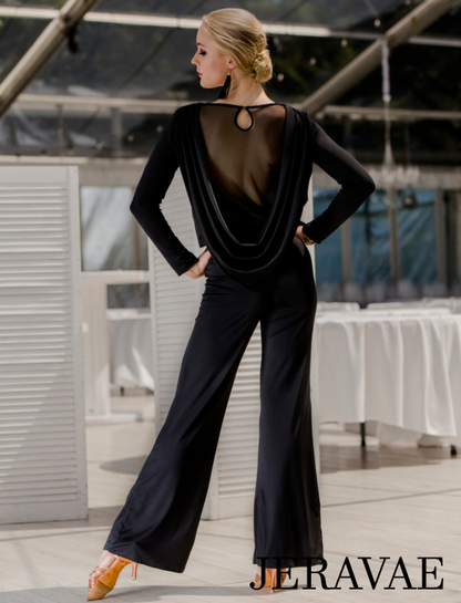 Body Positive Senga Dancewear FORRO Black Long Sleeve V-Neck Jumpsuit with Wide Leg Pants, Mesh Back, and Sash Sizes XL-4XL PRA 992 in Stock