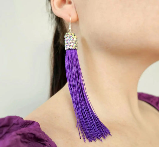Dk Purple Fringe Earrings with Crystal Stones