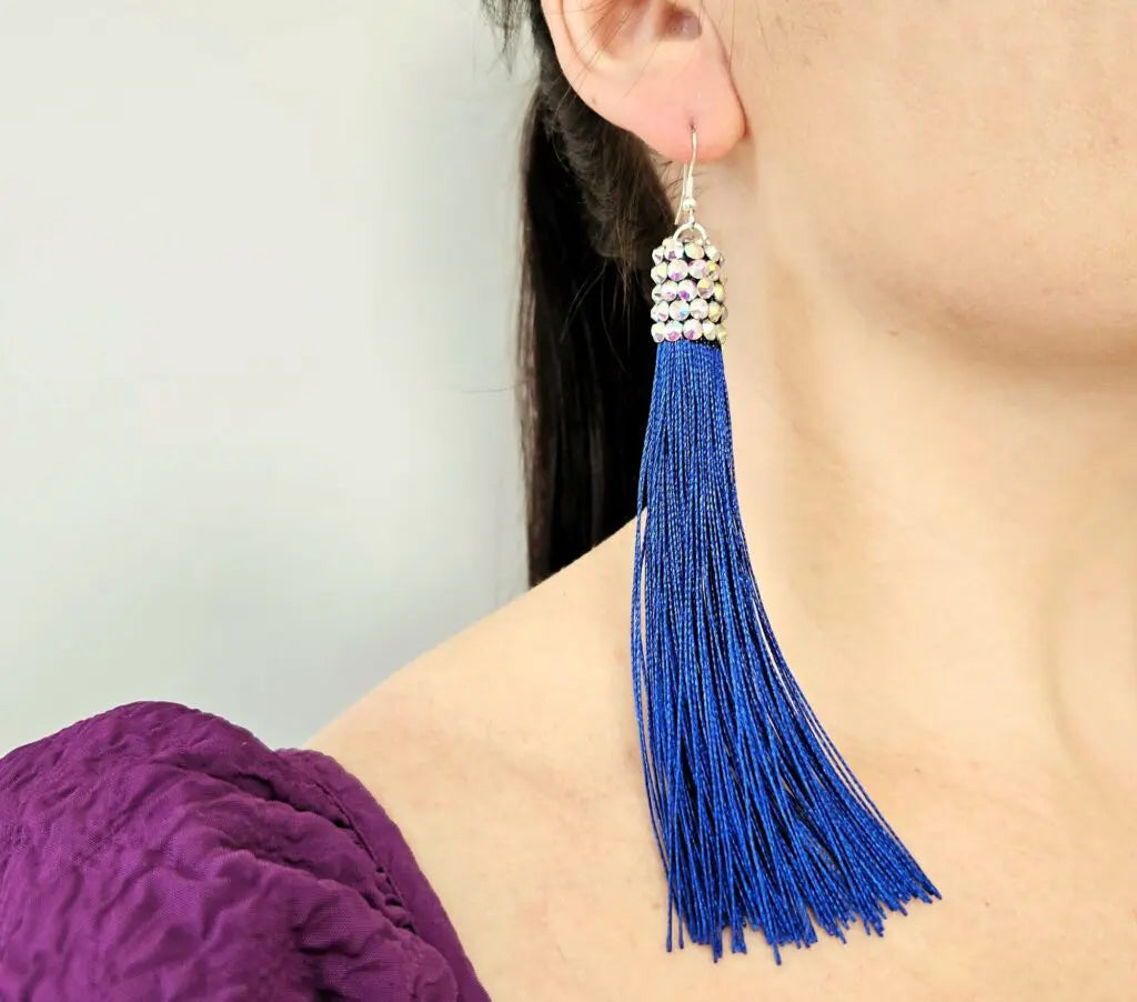 Fringe Earrings with Crystal AB Stones and Leverback Posts Available in Multiple Fringe Colors E005