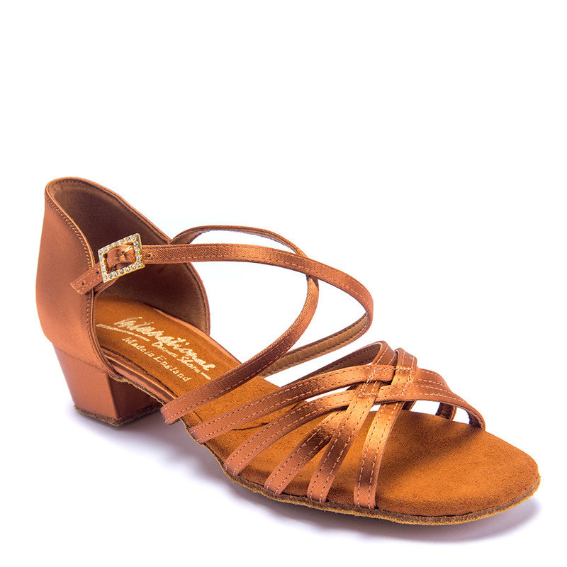 International Dance Shoes IDS Flavia Tan Satin Latin Shoe with Cuban Heel in Stock