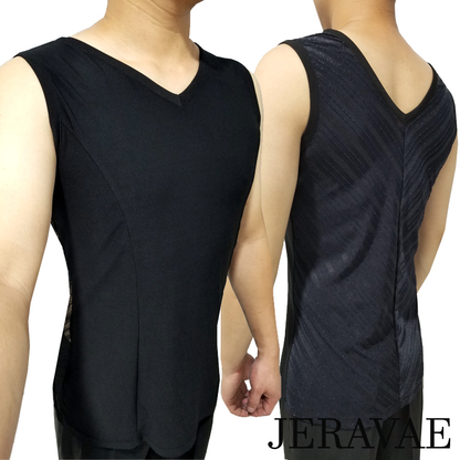 Men's Black Sleeveless V-Neck Undershirt Vest for Open or Mesh Latin Shirts with Glitter Stripes of Alternating Sizes M083 in Stock