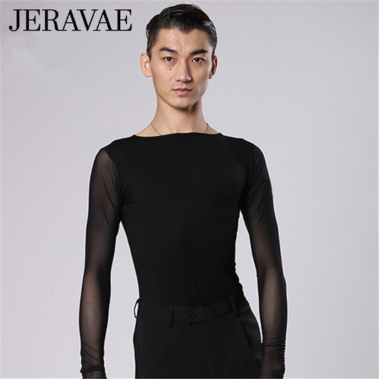 Men's Black Latin or Rhythm Tuck Out Shirt with Long Mesh Sleeves and Bateau Neck M085 in Stock