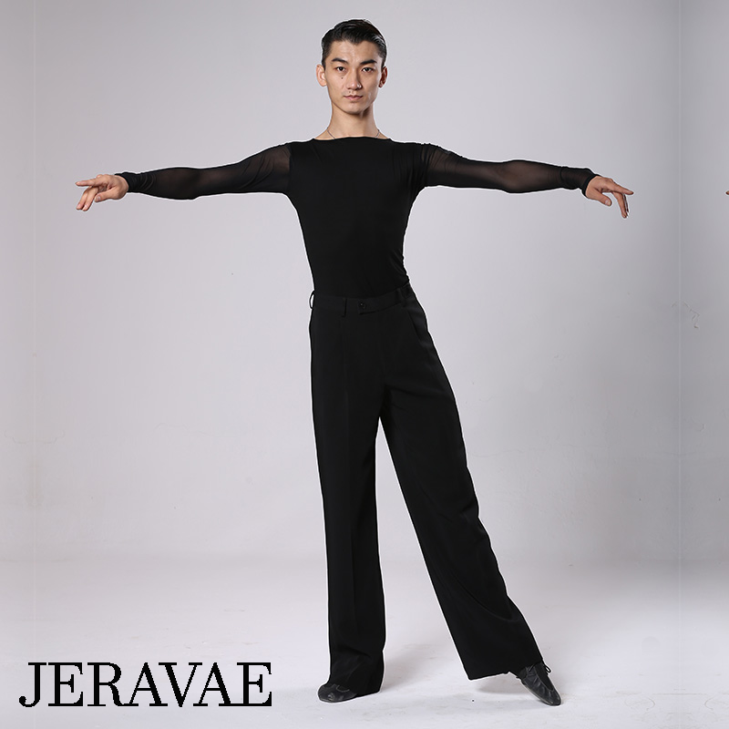 Men's Black Latin or Rhythm Tuck Out Shirt with Long Mesh Sleeves and Bateau Neck M085 in Stock