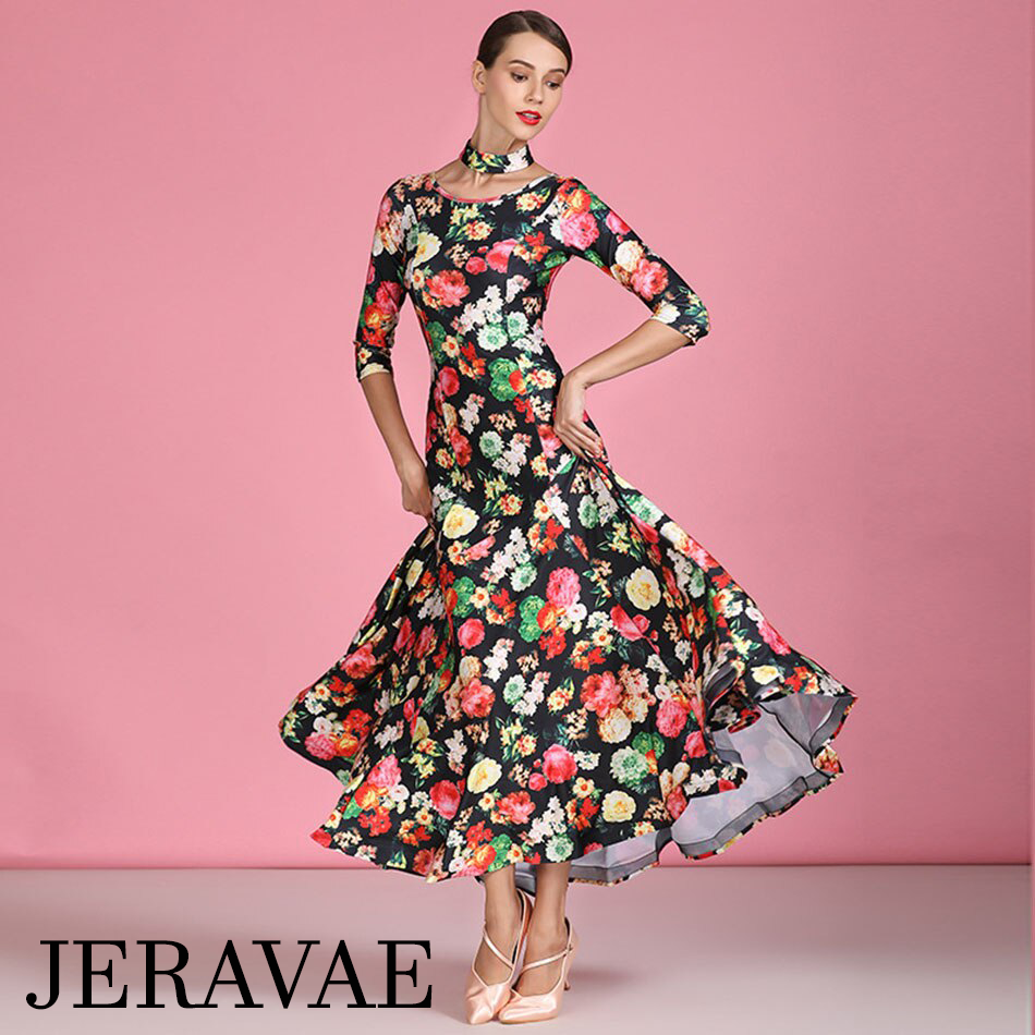 3/4 Sleeve Floral Ballroom Practice Dress with V-Neckline in Back and Detached Collar/Necklace Detail PRA 791 in Stock