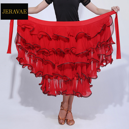 Latin Practice Wrap Skirt with Tie Straps and Multiple Layers of Large Ruffles Trimmed with Horsehair Available in Red and Black PRA 1004 in Stock