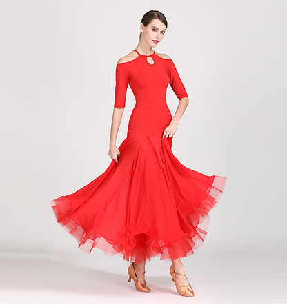 Red or Black Ballroom Practice Dress with Cold Shoulder Detail, Keyhole, and Half Sleeves PRA 805_sale