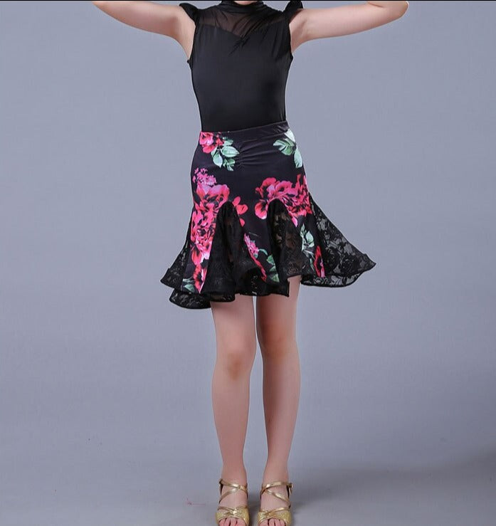 Two Piece Youth Floral Latin Practice Skirt with Lace Gussets and Bodysuit Top with Ruffle Sleeves and Mesh Inserts You001