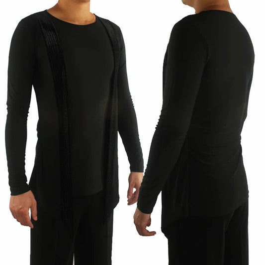 Men's Black Tuck Out Latin or Rhythm Shirt with Round Neck, Front Velvet Detail, and Long Sleeves M088 in Stock
