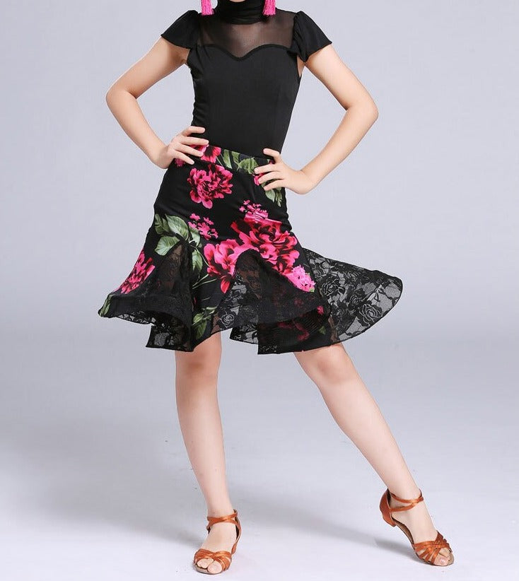 Two Piece Youth Floral Latin Practice Skirt with Lace Gussets and Bodysuit Top with Ruffle Sleeves and Mesh Inserts You001