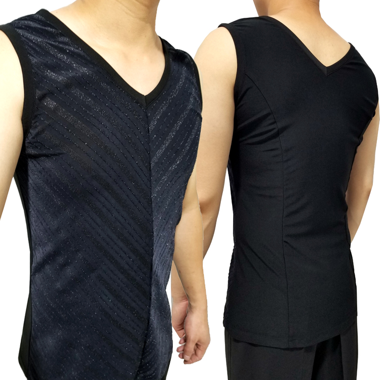 Men's Black Sleeveless V-Neck Undershirt Vest for Open or Mesh Latin Shirts with Glitter Stripes of Alternating Sizes M083 in Stock